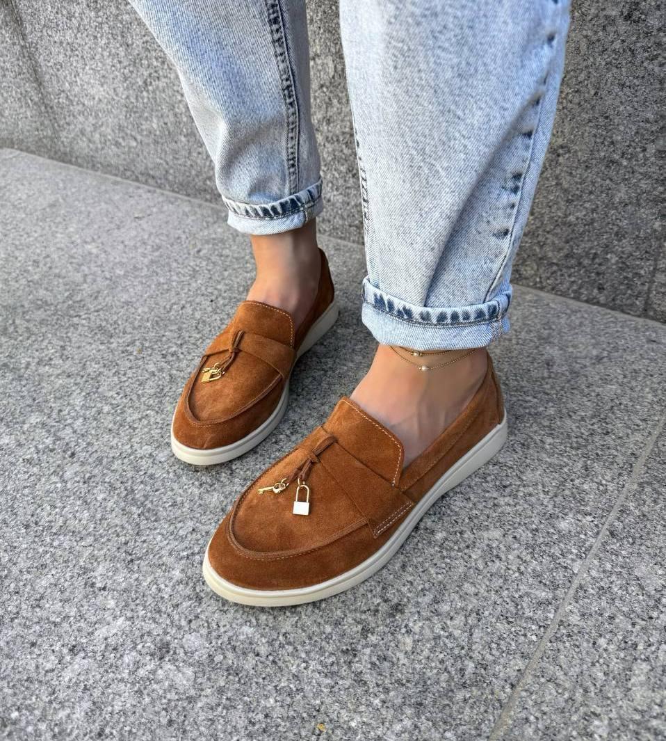 Жіночі лофери замшеві туфлі зручні стильні руді натуральна замша