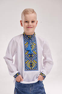 Дитяча вишиванка для хлопчика "Еліт" бязь, вишита сорочка з синьо-жовтим орнаментом