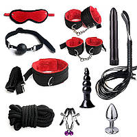 Набор для садо-мазо игр интимные секс-игрушки БДСМ фетиш атрибуты универсального размера черный красный 11 шт