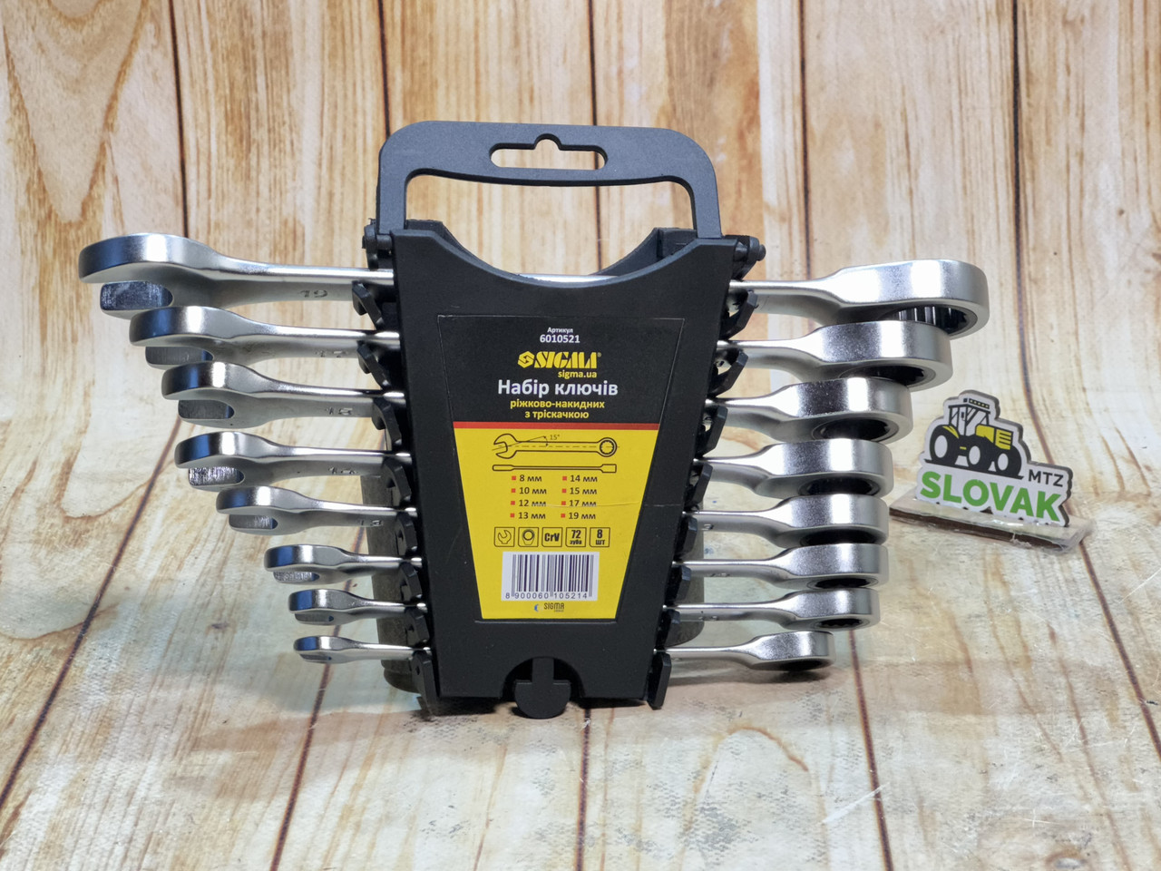 Ключі ріжково-накидні з тріскачкою Sigma 8 шт 8-19 мм CrV satine (Планшет), фото 1