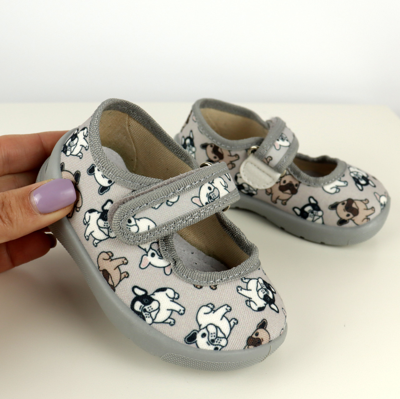 Сірі капці на липучці з песиками Denny шкіряна устілка тм Waldi