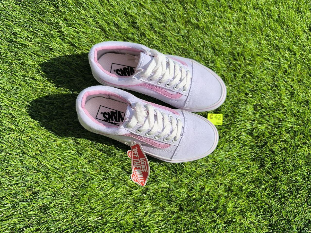 СКИДКА 36 р Білі тканинні кеди VANS white/Pink з рожевою смугою жіночі текстильні весна-літа