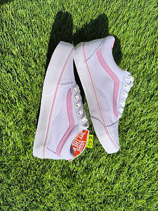 СКИДКА 36 р Білі тканинні кеди VANS white/Pink з рожевою смугою жіночі текстильні весна-літа, фото 4