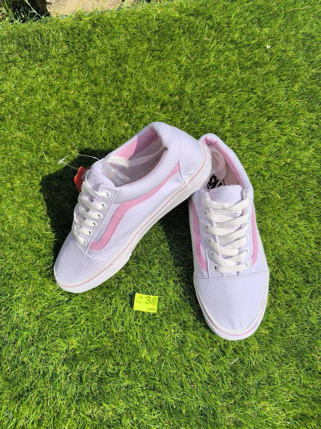 СКІДКА 38 р Білі тканинні кеди VANS white/Pink з рожевою смугою жіночі текстильні весна- літо унісекс, фото 1