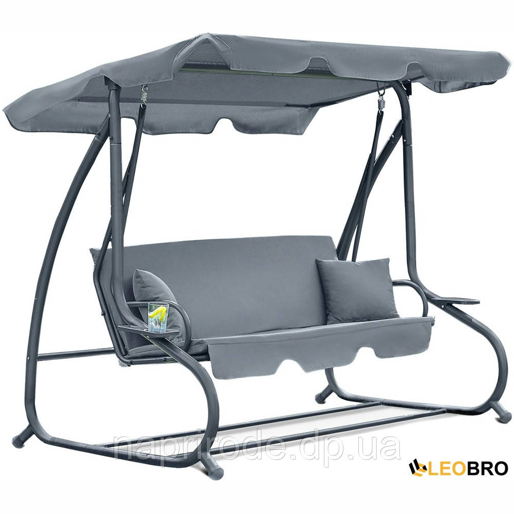Велика садова гойдалка з подушками LEOBRO Luxury Grey HT-186B сірий тримісна для відпочинку на дачі