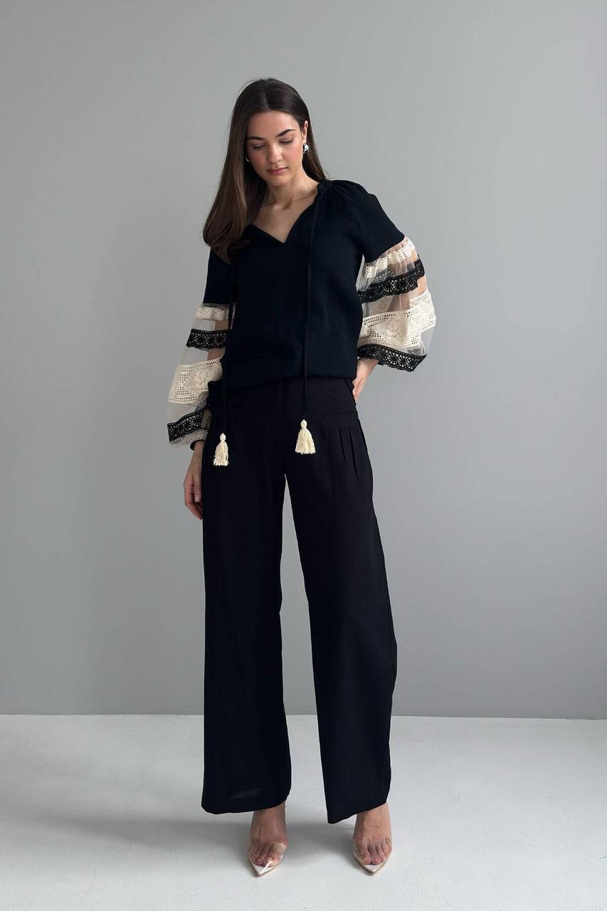 Лляні штани палаццо жіночі вільного крою з кишенями 44-50 разміри чорні, фото 1