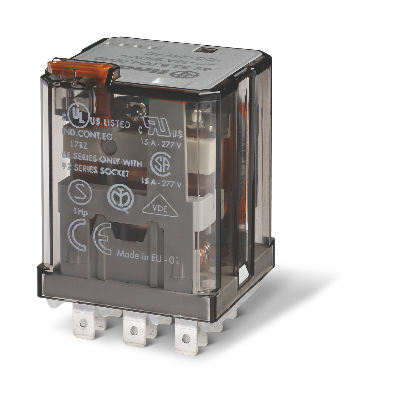 Реле 3CO 16A 230В AC; AgCdO; силове; блок.кн.тест + мех.індикатор; розетка S92 / Faston187; RT I Finder, фото 1