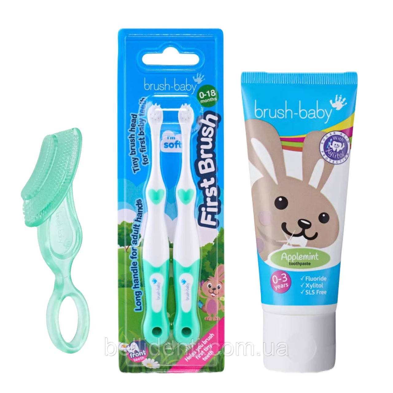 Набір Brush-Baby First Brush Chewable (паста 50 мл зайчик+2 бірюзові щітки+прорізувач)