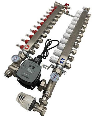 Колектор для теплої підлоги Nolf на 11 контурів (Нержавіюча сталь) в зборі з частотним насосом (бічне підключення) Німеччина, фото 2