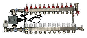 Колектор для теплої підлоги Nolf на 11 контурів (Нержавіюча сталь) в зборі з частотним насосом (бічне підключення) Німеччина, фото 3