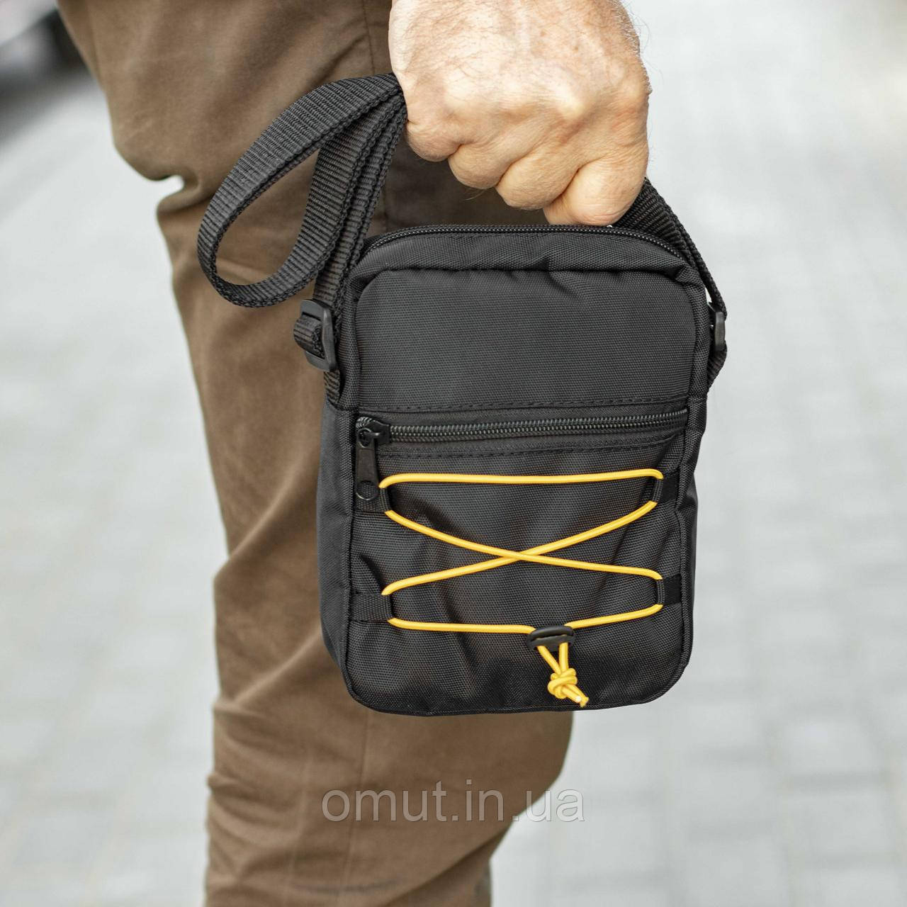 Сумка барсетка через плече чоловіча чорна з тканини KOMPAKT Yellow молодіжний месенджер, фото 1
