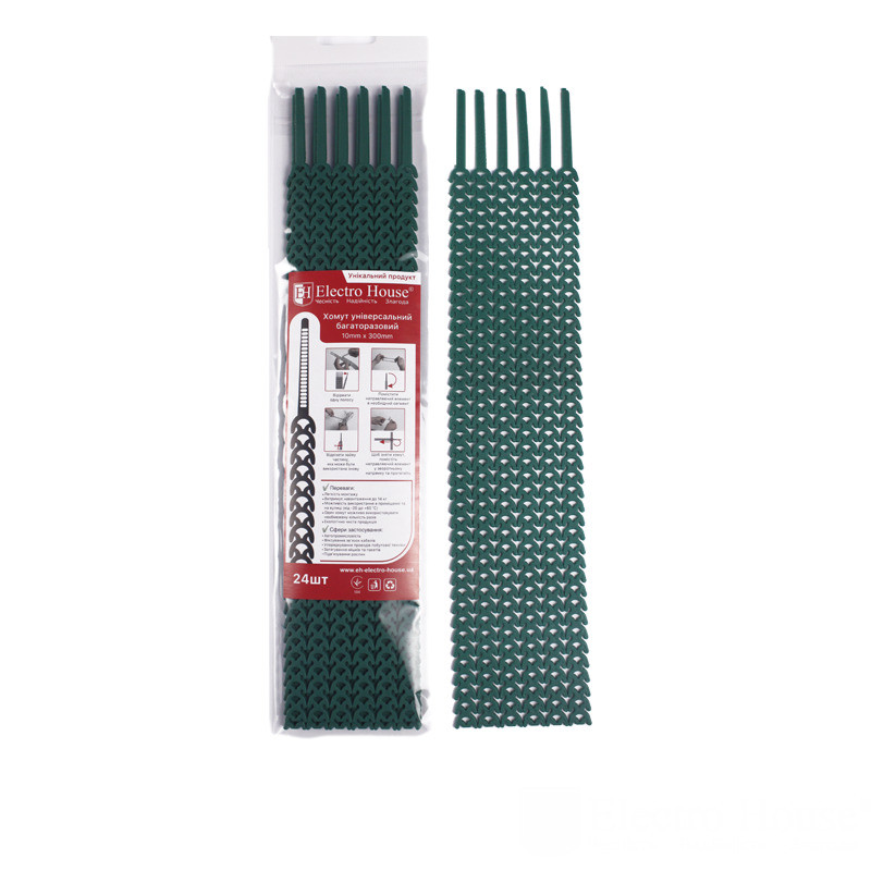 Хомут багаторазовий Зелений 10х300 мм  24шт./п., фото 1