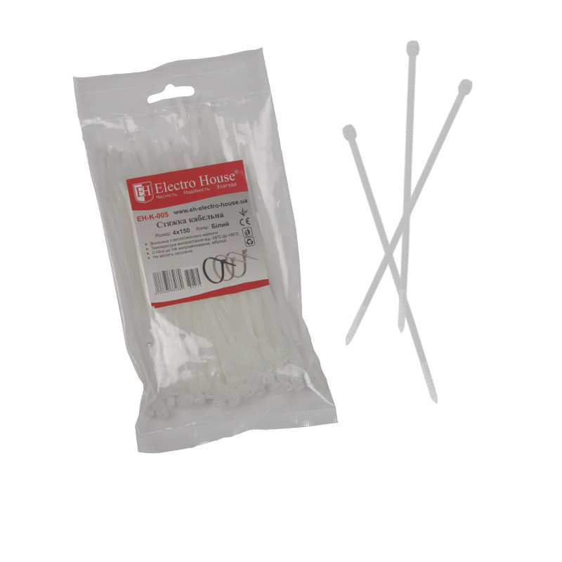 Стяжка кабельна Білий 4х150 мм 100шт./п., фото 1