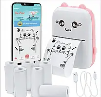 Дитячий міні термопринтер "Рожевий котик" + 5 рулонів паперу