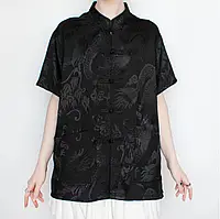Атласна сорочка з драконами оверсайз унісекс чорна сорочка азійський стиль велика сорочка короткий рукав китайська сорочка аніме M