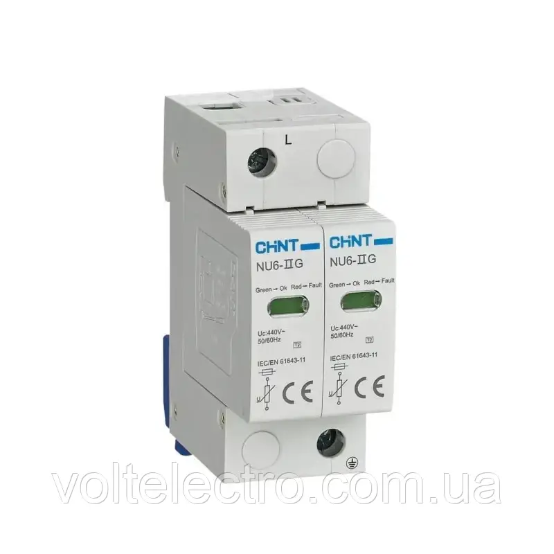 Пристрій захисту від імпульсних перенапруг NU6-IG 40KA/440V 2P(R) CHINT, фото 1