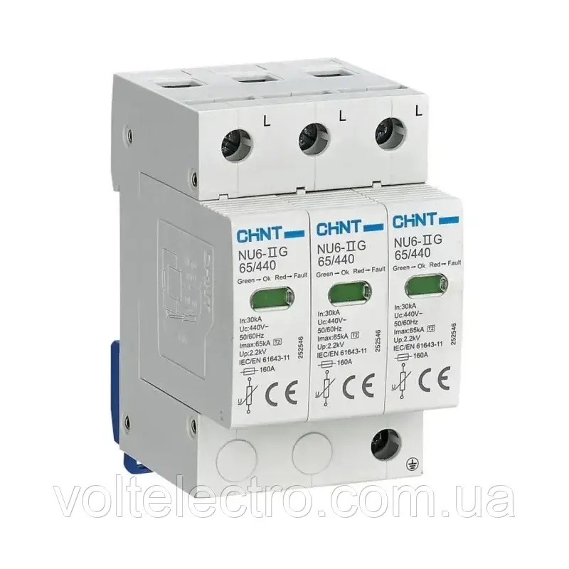 Пристрій захисту від імпульсних перенапруг NU6-IIG 65KA/440V 3P CHINT, фото 1