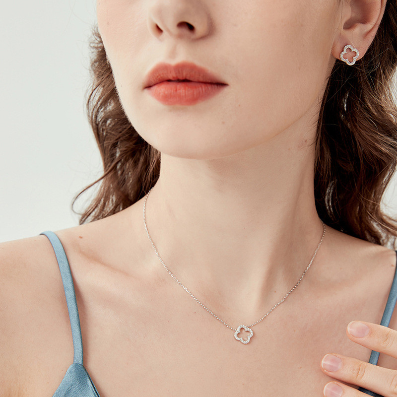 Комплект прикрас Контур конюшини, сережки+ланцюжок з кулоном, срібло 925 проби, фото 1