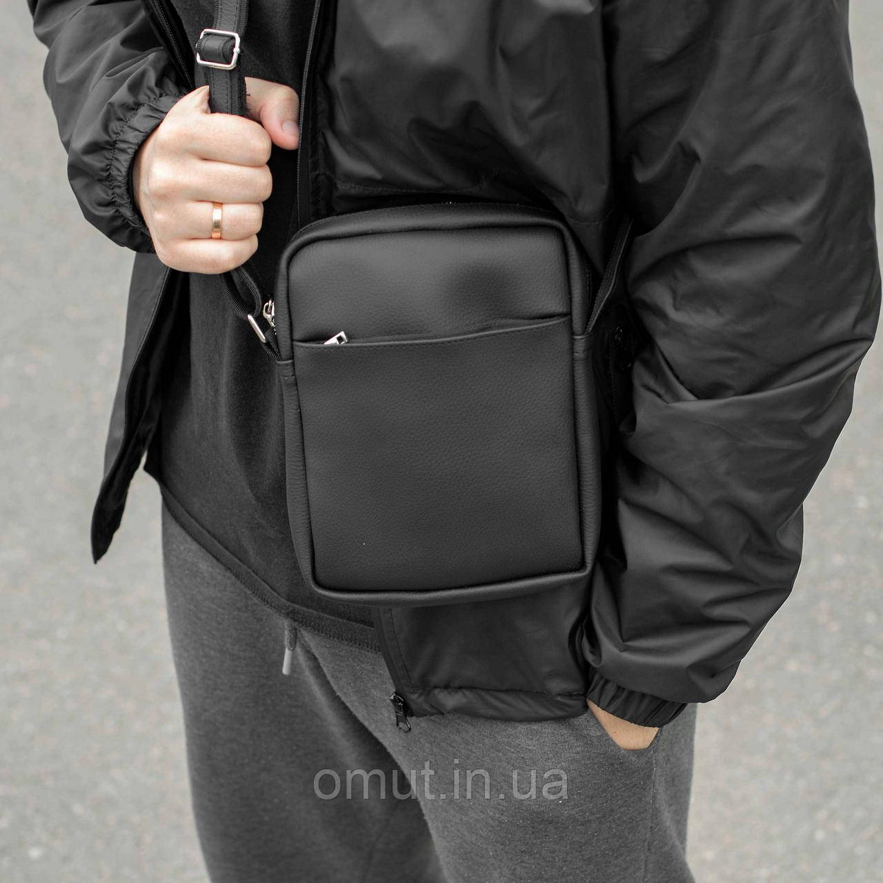 Сумка барсетка через плече з екошкіри чоловіча чорна BRAVO Black месенджер молодіжний для повсякденного носіння, фото 1