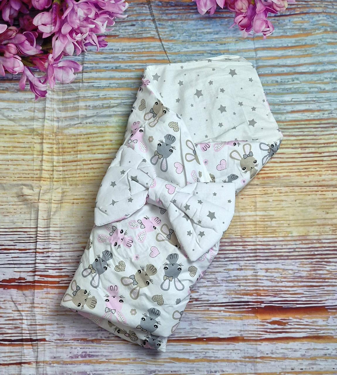 Конверт на виписку в пологовий демі для новонароджених Зайченята зірочки на білому, фото 1