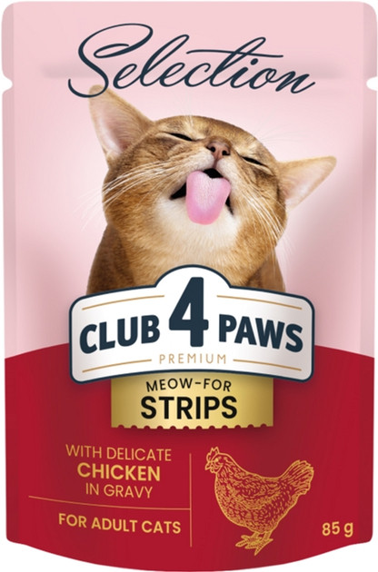 Корм вологий Club 4 Paws Преміум смужки з куркою в соусі для дорослих котів, 85 г (Клуб 4 Лапи), фото 1