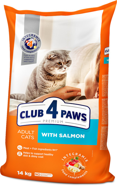 Корм сухий Club 4 Paws Преміум повнораціонний для дорослих котів з лососем, 14 кг (Клуб 4 Лапи), фото 1