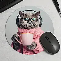 Круглий килимок для миші з дизайном кота, діаметр 20 см