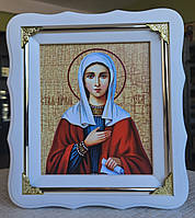 Икона Святая Ева в белом деревянном фигурном киоте под стеклом,размер киота 24*21,сюжет 15*18