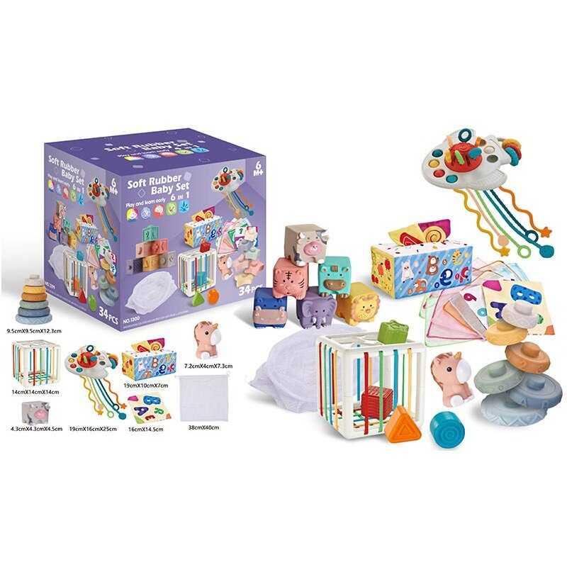 Набір для розвитку 1299 - 34 елементи, кубики, брязкальця, прорізувачі, фігурка, пірамідка, серветки, мішечок, куб із формами