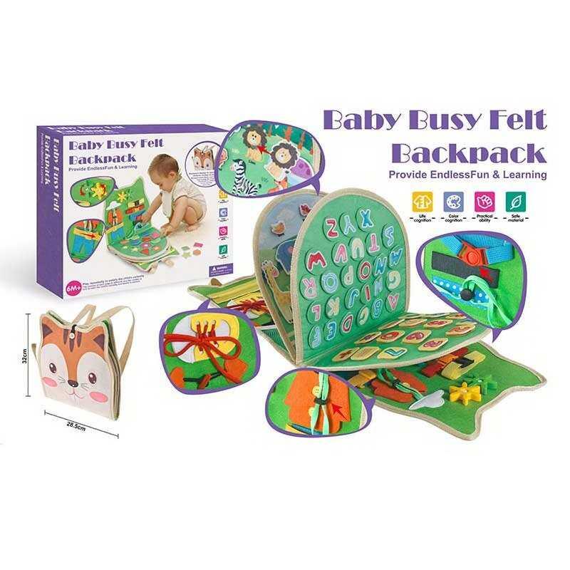 Логічна папка-рюкзак 1368 фетрова, гра з липучками, англійська абетка, цифри, геометричні фігури, тварини, годинник, застібки