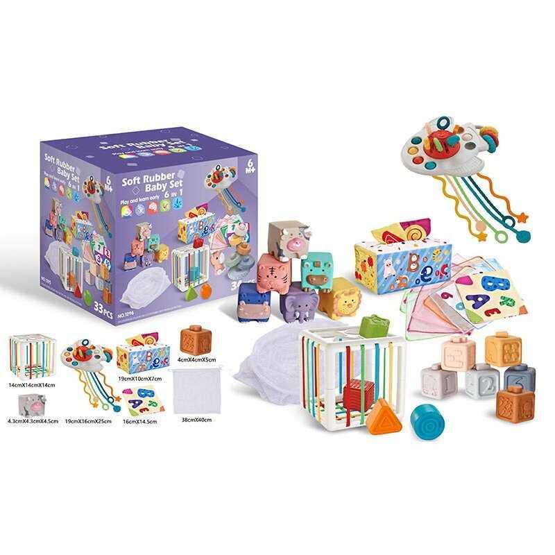 Набір для розвитку 1295 - 33 елементи, кубики, брязкальця, прорізувачі, серветки, мішечок, куб із формами