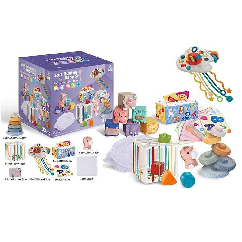 Набір для розвитку 1296 - 34 елементи, кубики, брязкальця, прорізувачі, фігурка, пірамідка, серветки, мішечок, куб із формами