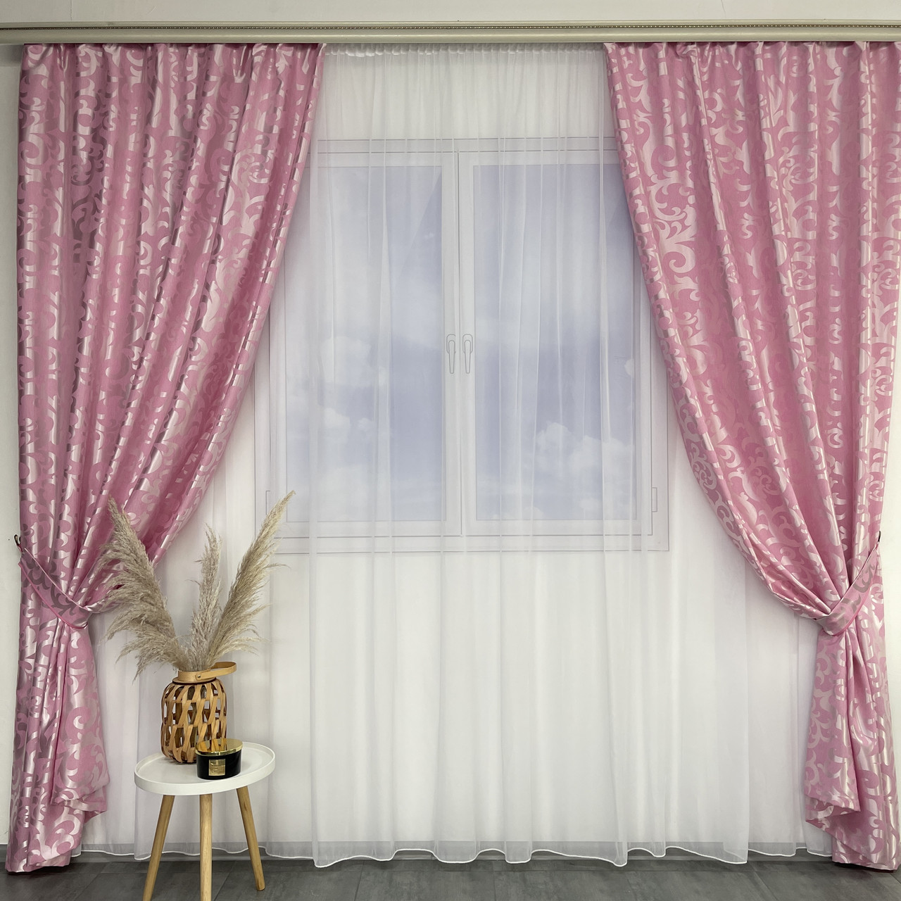 Штори жакардові з вензелем ALBO рожеві 150×270 см, комплект 2 шт. (SH-C28-13), фото 1