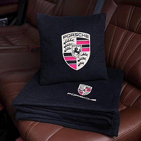 Подушка та плед в автомобіль з логотипом Porsche, флісовий набір