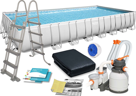 Басейн каркасний прямокутний BESTWAY Power Steel Frame 956 x 488 x 132 см 6 в 1 (Пісочний насос, сходи), фото 1