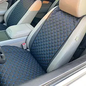 Накидки для авто з перфорованої екошкіри, Чорні з синім рядком, Преміум, 2 передніх