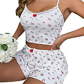 Піжамка в рубчик з квітковим принтом та мереживом (топ-майка+шорти)