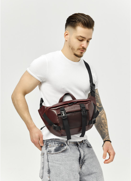 Велика шкіряна чоловіча поясна сумка бананка Sambag DynamicDart марсала, фото 1