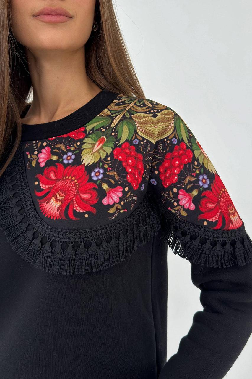 Жіночий світшот в українському етностилі з імітацією хустки 44-50 разміри чорний, фото 1