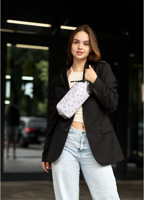 Сумка через плече бананка Sambag Holster MSH серая тканева з квітковим білим принтом, фото 1