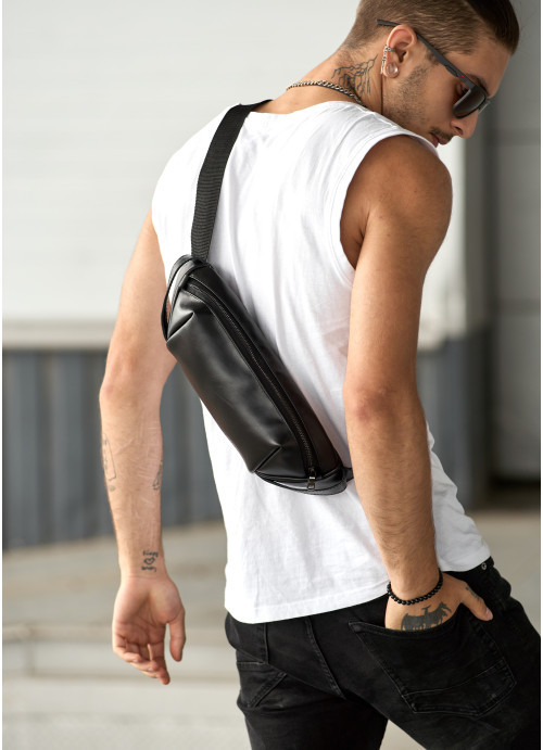 Чоловіча шкіряна сумка через плече бананка Sambag Holster MSH чорна з перфорацією, фото 1