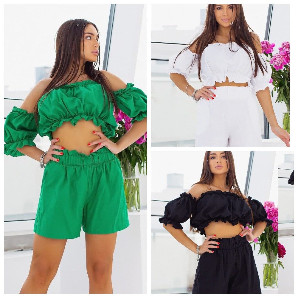 Літній лляний костюм топ з відкритими плечима та складанням на гумці шорти на гумці, фото 1