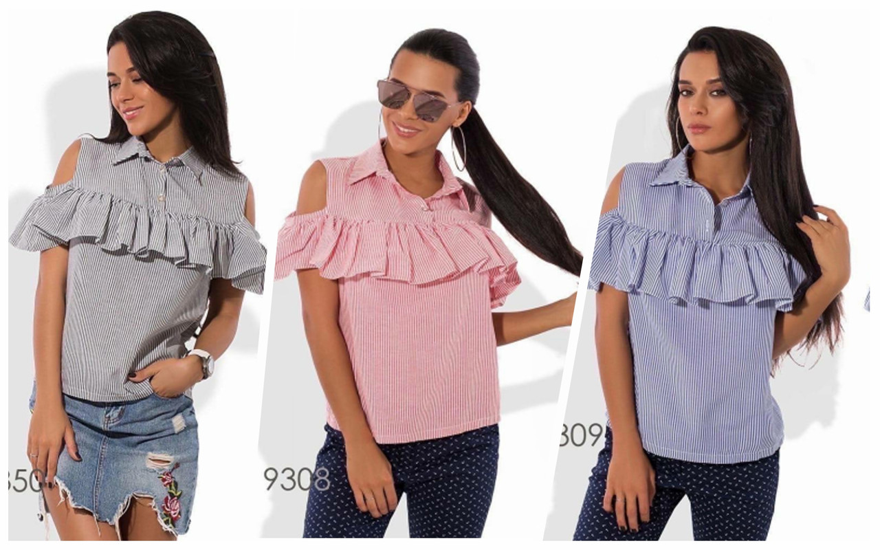 Блузка літня жіноча котон без застібок у смужку з мереживом розміри норма й батал, фото 1