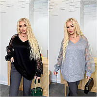 Теплий джемпер із шикарним мереживом з ангорі довгий рукав батал