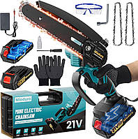 Міні-бензопила акумуляторна 6 дюймів, 8000 мАг потужна електрична пилка, легка міні-бензопила з 2 ланцюгами, 2 акумуляторами та за