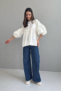 Блуза жіноча ошатна молочна з рукавом ліхтариком 3686-01