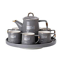 Чайний набір на 6 персон (з заварювальним чайником та порцелянаовою підставкою), сірий HP-15-5