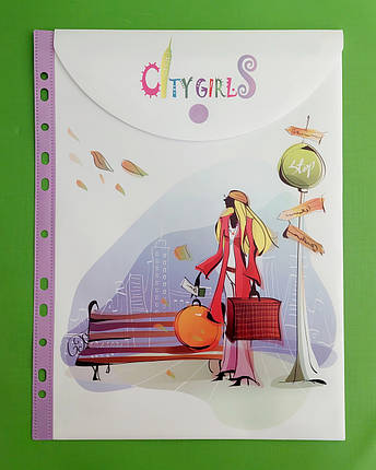 Канц Папка-конверт на кнопці А4 з вертик.перфорац. "Leo" /490719/ L6003 "Сity girls" (12/240/480), фото 1