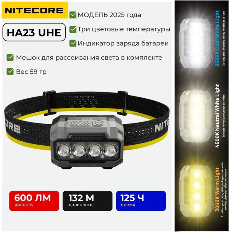 Налобний ліхтар Nitecore HA23 UHE, 3 Колірні температури (600LM, 125 год, 132 м, IP68, 3*АAA)