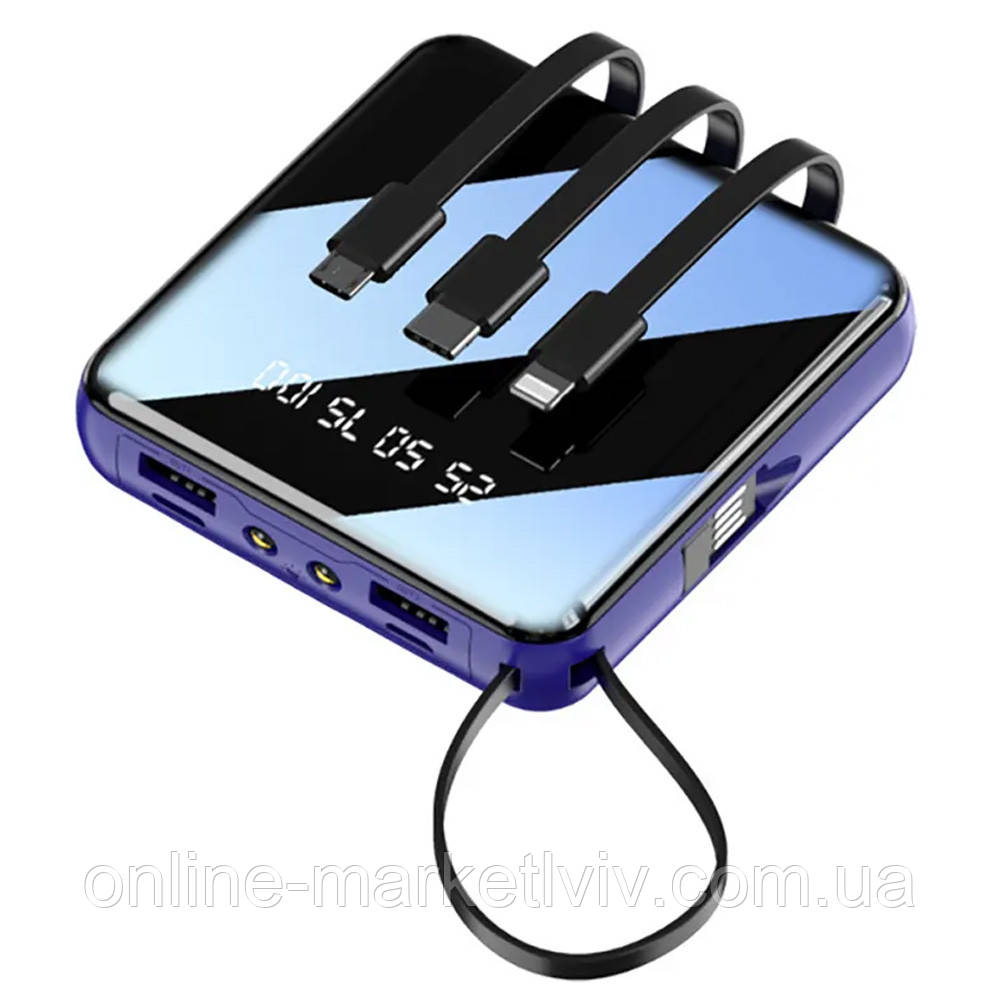 Міні повербанк 10000mAh + 4 кабелі, 2хUSB, JM001 / Power Bank з ліхтариком / Павербанк для телефону